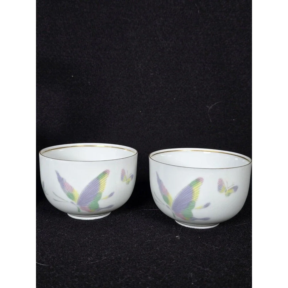 Asian Porcelain Tea Set Teapot & 2 Teacups Butterfly Gold Gilt Rim Retro